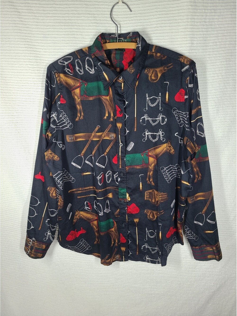 Vtg 90s Ralph Lauren Horse Equestrian 100% Cotton Shirt y2k Womens Large Green